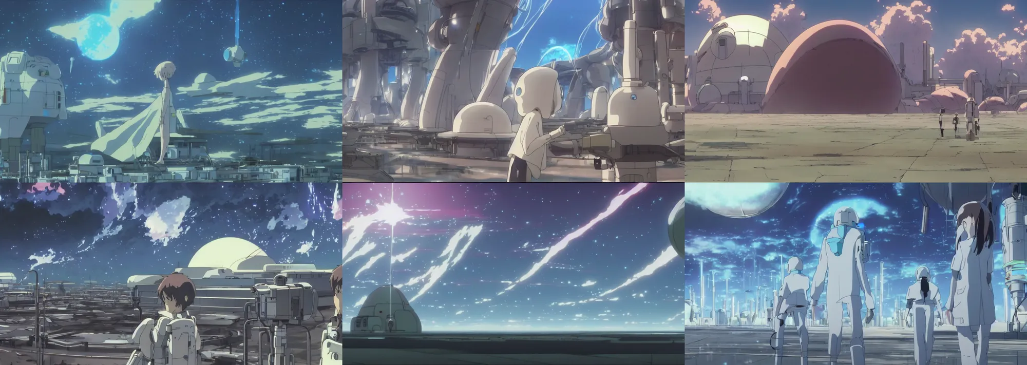 Prompt: screenshot from the science fiction anime film by makoto shinkai, futuristic scientific laboratory, desert alien planet, from the anime film by studio ghibli