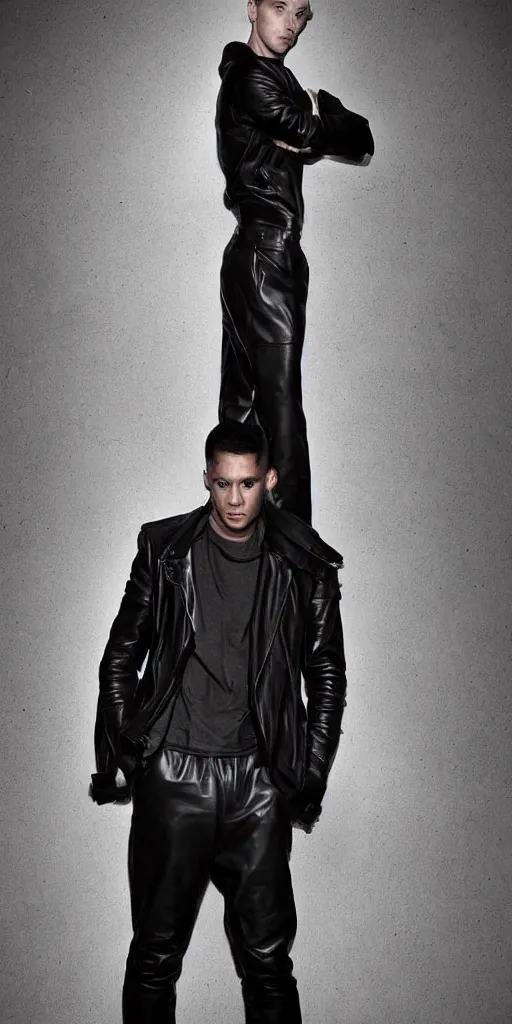 Image similar to full body photo. extreme long shot. man in black leather jacket and white!!! adidas!!! pants!!!. serious face. studio photo