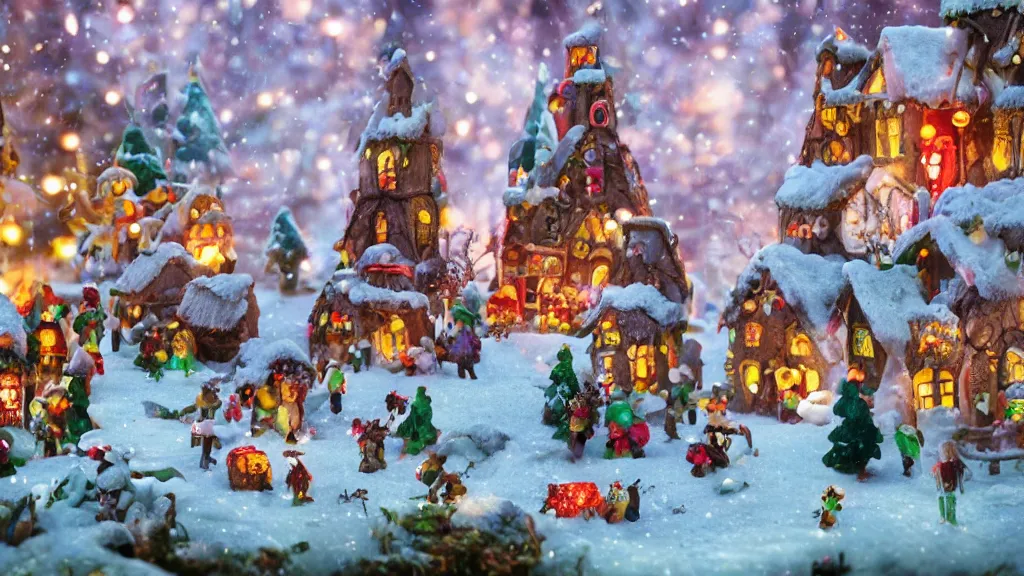 Image similar to gingerbread candy village, colorful, fantasy, fairytale, forest, fireflies, flowers, halloween, christmas, snow, hansel and gretel, bokeh, medium shot, depth of field 1 0 0 mm, cinematic scene, studio quality, unreal engine, octane render, trending on artstation, artgerm, cgsociety