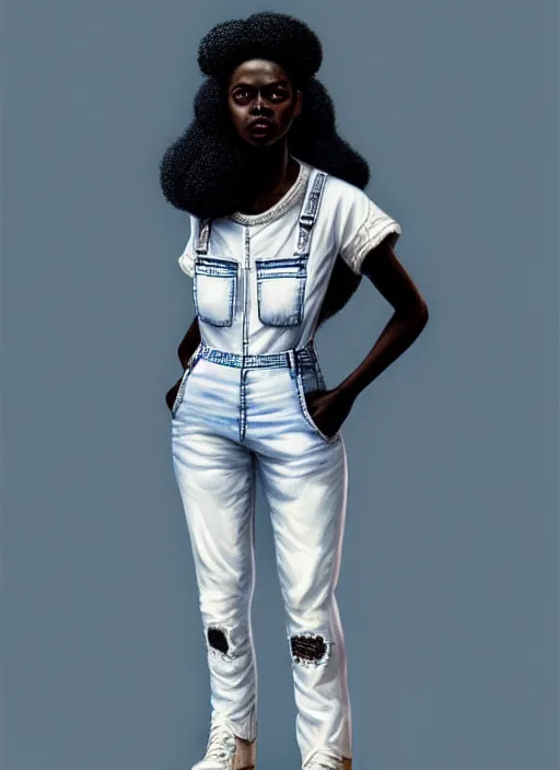 Image similar to full body portrait of young black woman as a firewoman, white t - shirt and denim overalls, intricate, beautiful and elegant, highly detailed, digital painting, artstation, concept art, smooth, sharp focus, illustration, art by wlop, mars ravelo and greg rutkowski