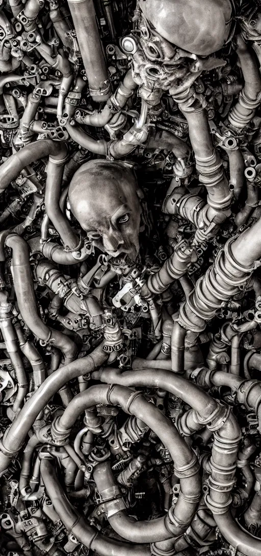 Image similar to a human dissolving into machinery and pipes