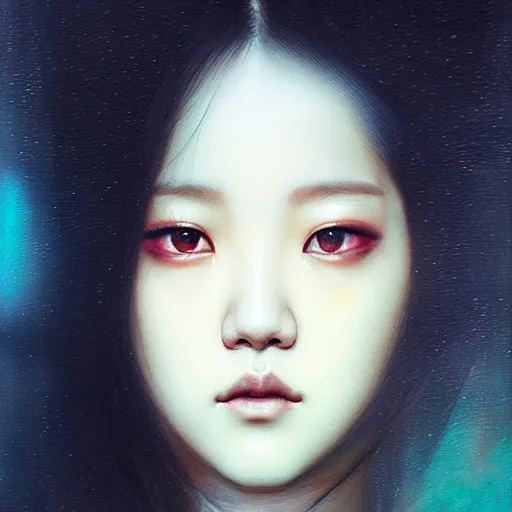 Image similar to jisoo of blackpink, hyperrealistic portrait, bladerunner street, by karol bak and agnes cecile, fantasy art, photo realistic, dynamic lighting, artstation, poster, volumetric lighting, very detailed face, intricate complexity, rule of thirds, 8 k, award winning, trending