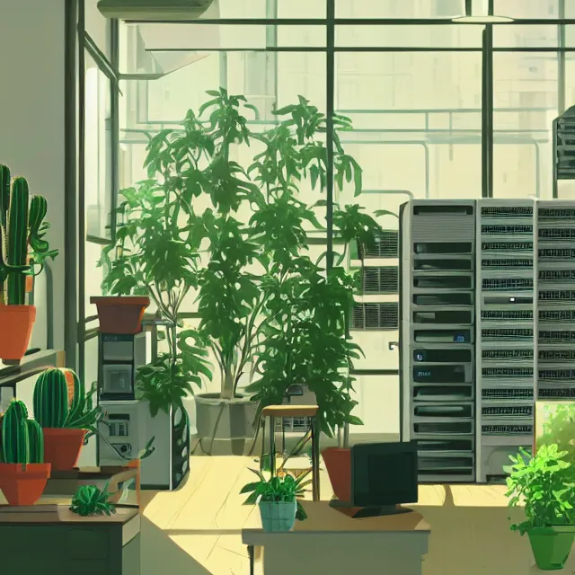 Image similar to an interior room with old pc computers stacked on the walls with potted plants and cacti, makoto shinkai