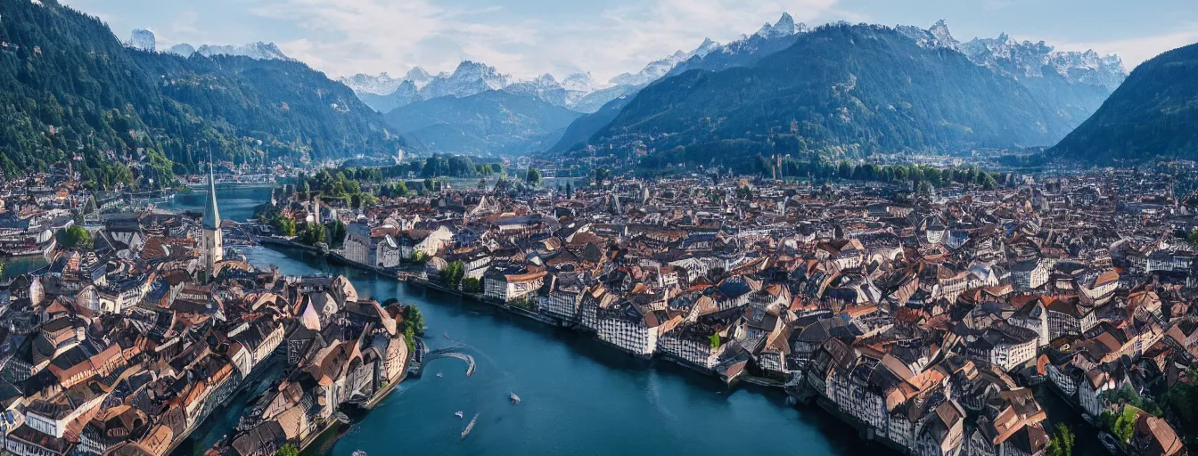 Image similar to Photo of Zurich, looking down the river at the lake and the alps, Hardturm, Grossmünster, wide angle, volumetric light, hyperdetailed, mountain water, artstation, cgsociety, 8k