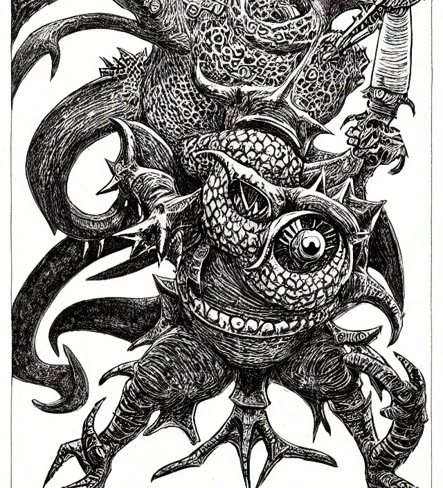 Image similar to a nintendo octorok as a d & d monster, pen - and - ink illustration, etching, by russ nicholson, david a trampier, larry elmore, 1 9 8 1, hq scan, intricate details, high contrast, no background