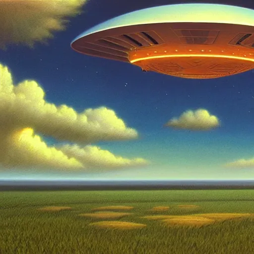 Prompt: artwork of a ufo hovering above a field, art by tim hildebrandt, deep depth of field. highly detailed, hyper realism, hd, 4 k