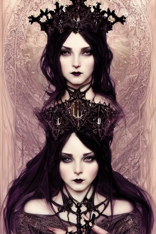 Prompt: beautiful gothic and victorian and luxury and evil young medieval dark crown princess portrait like +smoky eyes+front face with light flowing hair, ultradetail face, art and illustration by craig mullins and tian zi and alphonse mucha and miqi, fantasy, intricate complexity, human structure, hypermaximalist, fantasy character concept, dynamic lighting, neon light, ssci-fi, watermark, blurry, hyperrealism 8k