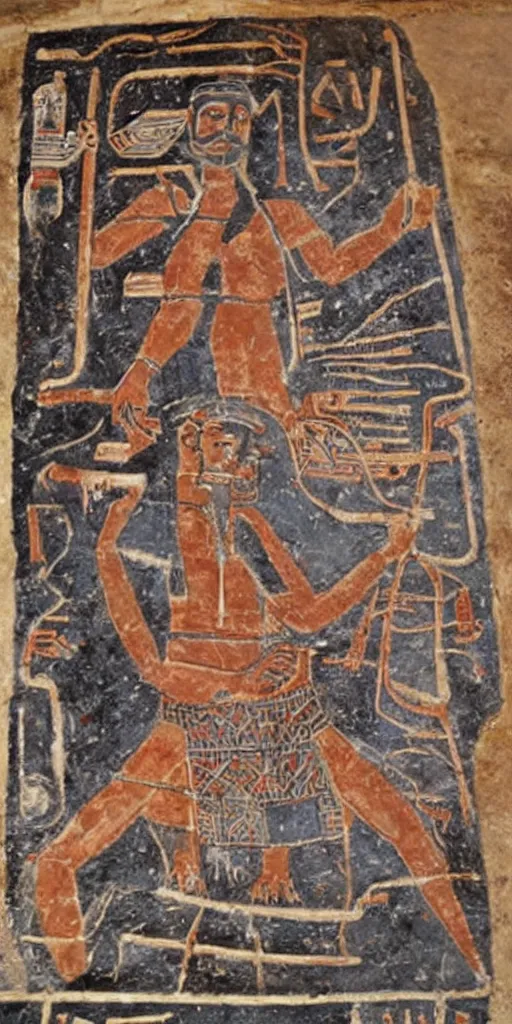 Image similar to sumerian mural of elon musk with ancient car