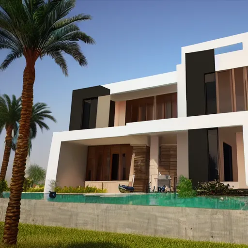 Image similar to a 4 k hd picture of a modern day house in the middle of egypt, digital art