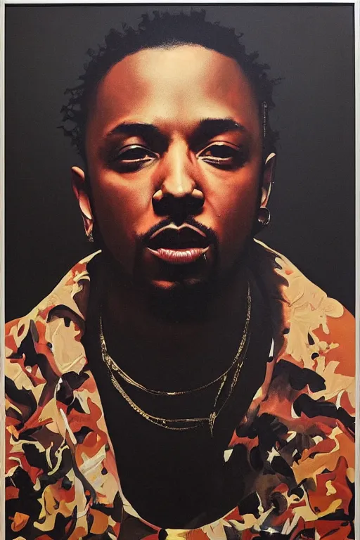 Image similar to Kendrick lamar, portrait by Kehinde Wiley!!, oil paint on canvas, brushstrokes,