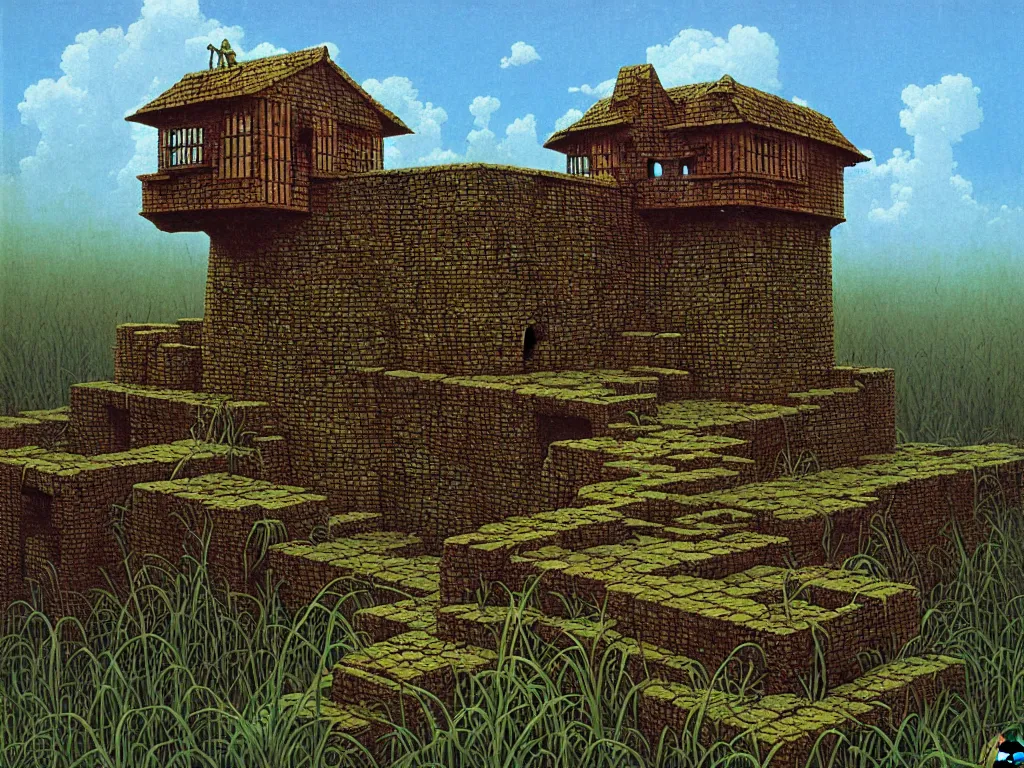 Image similar to pillbox paragonpunk fortress half-sunk in a noxious Swamp, by Colleen Doran and by Angus McBride and by Ted Nasmith, low angle dimetric composition, insurmountable, 1-point perspective