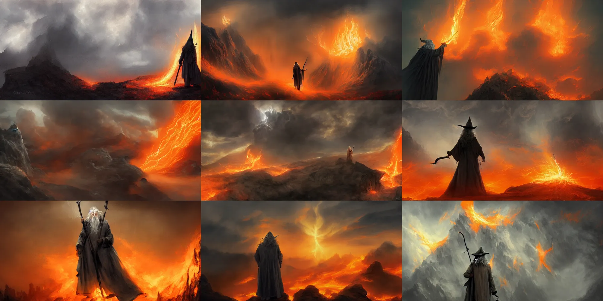 Prompt: gandalf! side - lit by a billowing cloud of blinding orange flame and pitch black smoke by alan lee, intricate, detailed, god - rays pierce the smoke, panoramic, digital painting, artstation