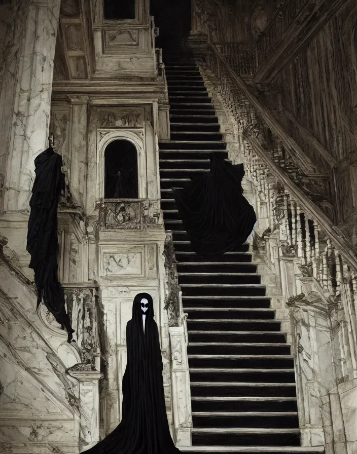 Prompt: several ritualistic figures shrouded in a long trailing dark black opaque gown and trailing blood, descending in tandem down a giant marble staircase in a dark room, photorealism, hyperrealism, harsh lighting, dramatic lighting, medium shot, serious, gloomy, foreboding, cinematic, creepy