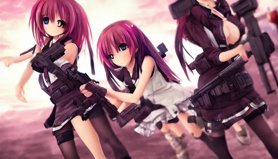 Image similar to anime girls in a gun fight, photorealistic, anime, mini skirt, hyper real, detailed, wide angle shot