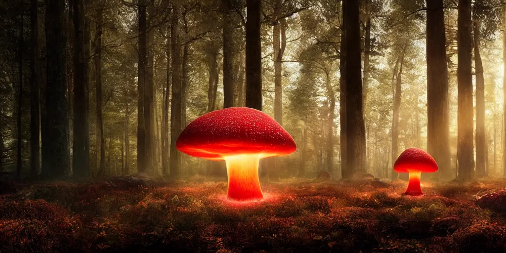 Image similar to Photo by Filip Hodas of the cinematic view of the Forest of the Giants, giant mushroom with a little transparency, some normal mushrooms on the floor, A very big red mushroom with white spots , photorealism, a few sun ray of lights falling, photo taken with canon 5D