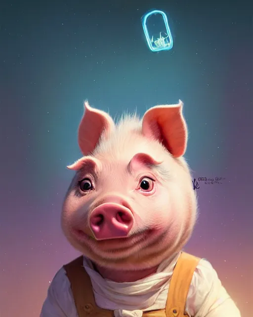 Prompt: highly detailed vfx portrait of a cute little piglet with a magician outfit, unreal engine, greg rutkowski, loish, rhads, beeple, makoto shinkai and lois van baarle, ilya kuvshinov, rossdraws, tom bagshaw, alphonse mucha, global illumination, detailed and intricate environment