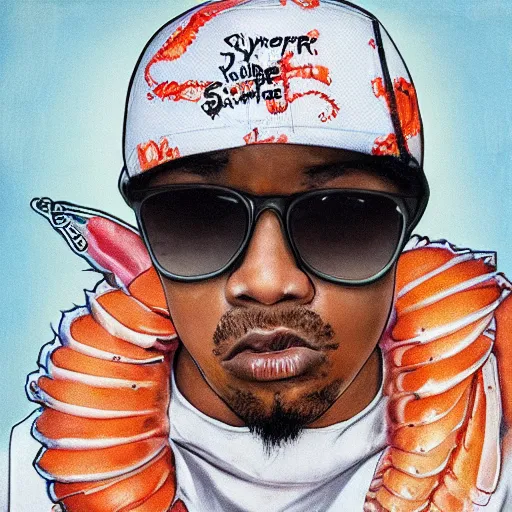 Image similar to gangster rapper shrimp, shrimp rap group, hyperrealism rap album art, rap pimping ballin