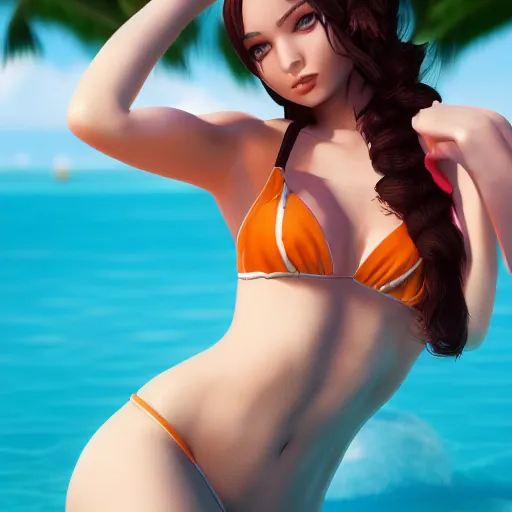 Prompt: beautiful render of pretty pool party Caitlyn (league of legends) looking at the horizon in a hawaii beach, symmetric face, beautified, 3d, octane render, realistic, highly detailed, trending on artstation