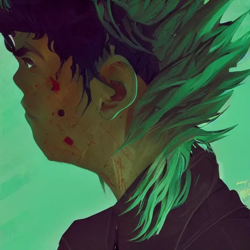 Prompt: green haired beautiful boy profile picture by Greg Rutkowski, asymmetrical, Organic Painting , Matte Painting, geometric shapes, hard edges, graffiti, street art, trending on the artstation:2 by Sachin Teng:4