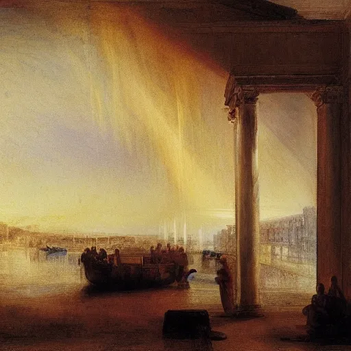 Prompt: the Roman villa by the harbour, ancient art, light of god, Tate collection, in style of J.M.W. Turner