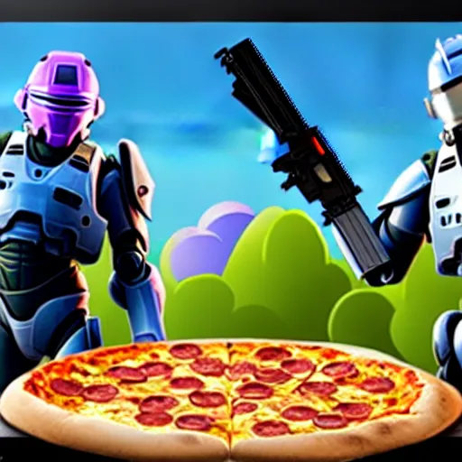 Image similar to Master Chief and Robocop sharing a pizza, a screenshot from Fortnite
