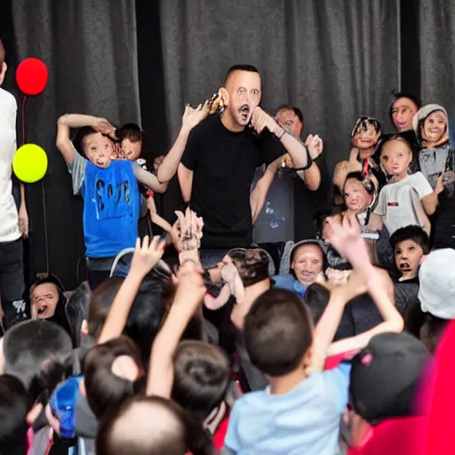 Image similar to Linkin Park Performing at a child's birthday party with children in the audience. Chester Bennington screams into the microphone, photograph