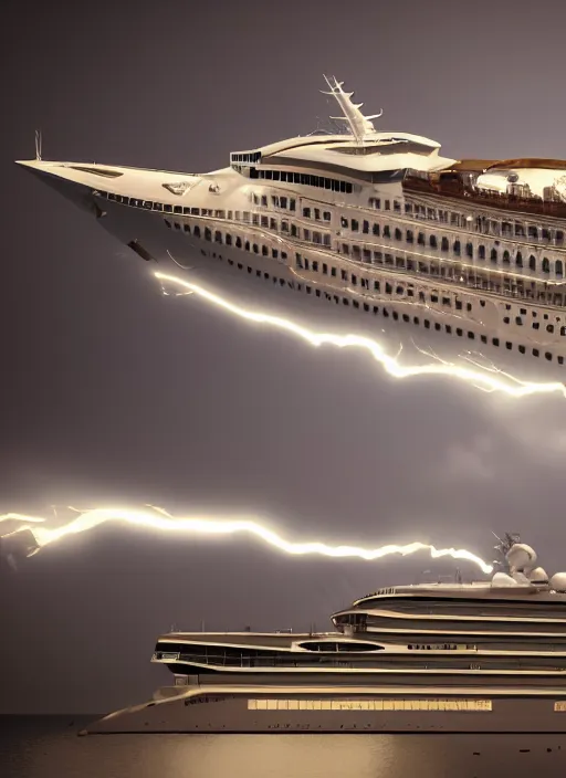 Image similar to silver cruise ship struck by lightning unreal 5, DAZ, hyperrealistic, octane render, dynamic lighting