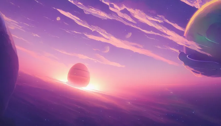 Prompt: A highly detailed matte painting of the sunset in space, purple, by Studio Ghibli, Makoto Shinkai, by Artgerm, by beeple, by Greg Rutkowski, volumetric lighting, octane render, 4K resolution, trending on artstation, masterpiece