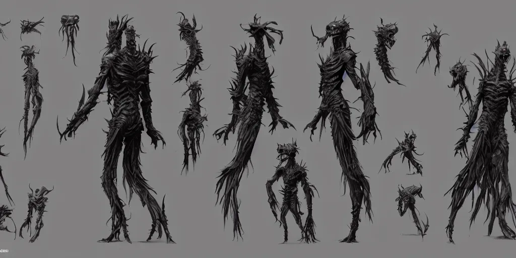 Image similar to creepy creature, character sheet, concept design, contrast, hot toys, kim jung gi, greg rutkowski, zabrocki, karlkka, jayison devadas, trending on artstation, 8 k, ultra wide angle, pincushion lens effect