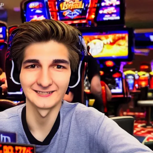 Image similar to handsome xqc gambling : : realistic : : 1 dslr : : 1 - - quality 2