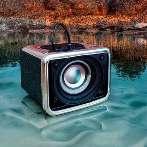 Image similar to 4 k polaroid wide angle photo of a giant stainless steel reflective boombox speaker, half submerged in water, in a desert oasis lake, at dusk, with neon lighting