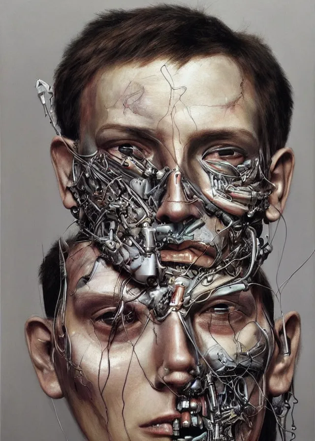 Image similar to cybernetic implants on face, metal jaw, usb port on forehead, portrait by jenny saville