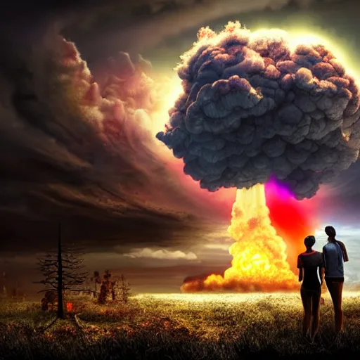 Image similar to a young couple watching a nuclear explosion, romantic, mushroom cloud, uplifting, happy, apocalytic detailed digital matte painting