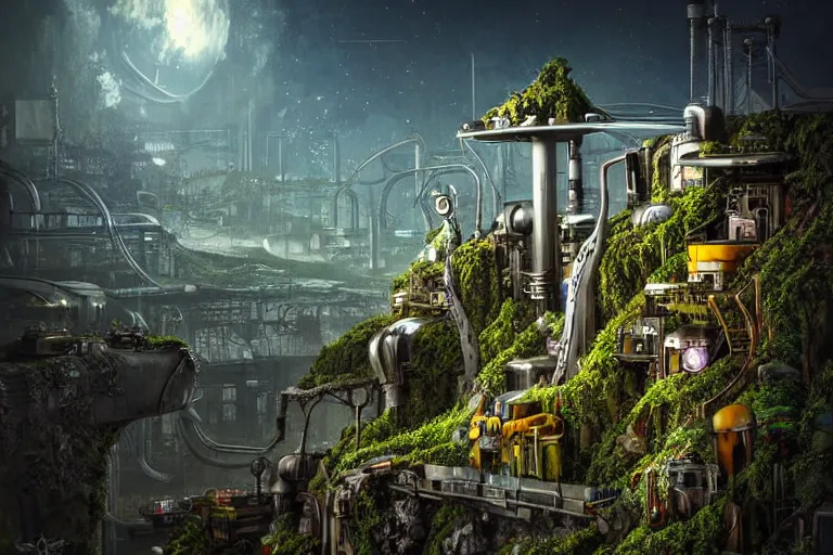 Image similar to sci - fi favela sculpture, art nouveau jungle environment, industrial factory, cliffs, gloomy, milky way, award winning art, epic dreamlike fantasy landscape, ultra realistic,