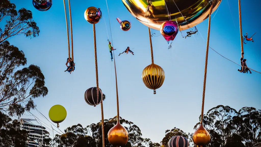 Prompt: large colorful futuristic space age metallic steampunk balloons with pipework and electrical wiring around the outside, and people on rope swings underneath, flying high over the beautiful brisbane in australia city landscape, professional photography, 8 0 mm telephoto lens, realistic, detailed, photorealistic, photojournalism