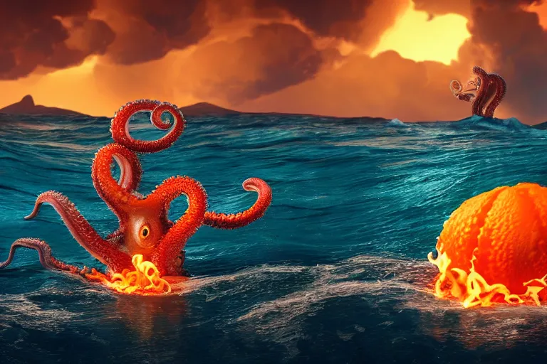 Prompt: an octopus with fire on its tentacles is jumping from the sea, strong waves, puffy clouds, orange end blue palette, 4k, ultra details, cinematic, epic style, beautiful photo, hyper realistic, octane render, unreal engine, award winning, on artstation, volumetric lightning, masterpiece, golden hour,