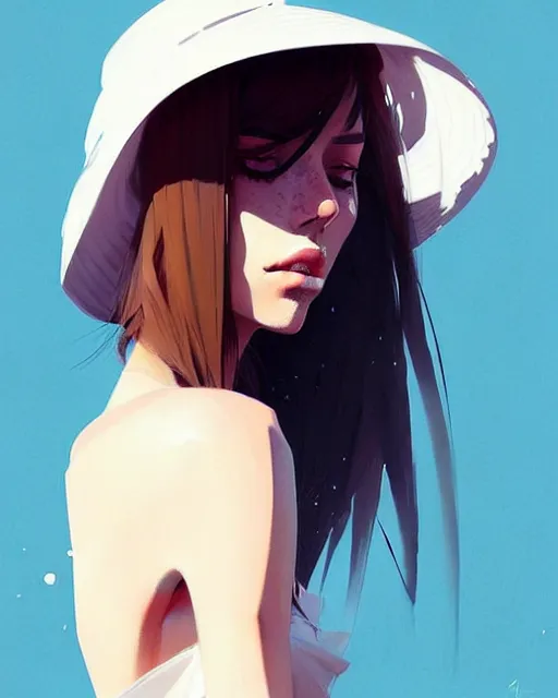 Image similar to a ultradetailed beautiful painting of a stylish woman wearing a white bucket hat, by conrad roset, greg rutkowski and makoto shinkai trending on artstation