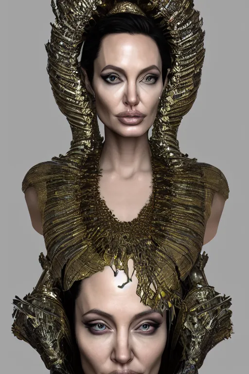 Image similar to a highly detailed 4 k render portrait of an alien goddess angelina jolie in iris van herpen dress schiaparelli armor in diamonds and lots of jewelry in style of alphonse mucha trending on artstation made in unreal engine 4