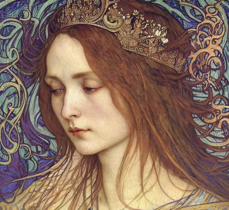 Image similar to detailed realistic beautiful young medieval queen face portrait by jean delville, alphonse mucha, vincent van gogh, and marco mazzoni, art nouveau, symbolist, visionary, gothic, pre - raphaelite