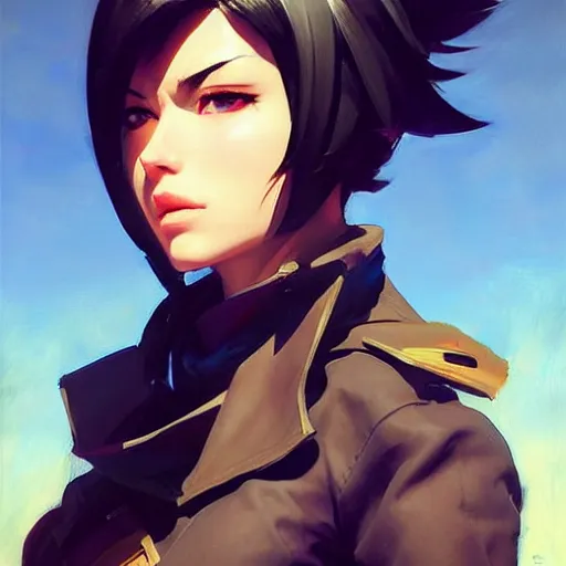 Image similar to Greg Manchess portrait painting of Mikasa Ackermann as Overwatch character, medium shot, asymmetrical, profile picture, Organic Painting, sunny day, Matte Painting, bold shapes, hard edges, street art, trending on artstation, by Huang Guangjian and Gil Elvgren and Sachin Teng