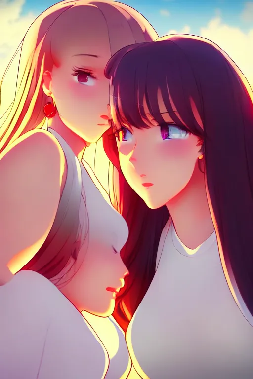 Image similar to two beautiful mothers outside on a hot summer evening, gorgeous faces, thick lines, cinematic lighting, detailed anime art