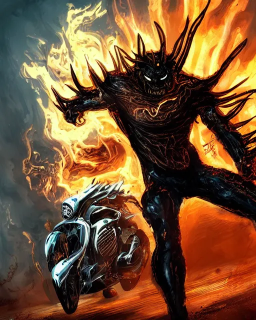 Image similar to ghost rider symbiote, dynamic lighting, fantasy concept art, trending on art station, stunning visuals, creative, cinematic, ultra detailed, comic strip style