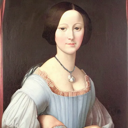 Image similar to Renaissance oil painting full head portrait pretty young lady, dark hair, pink cheeks, grey and white dress