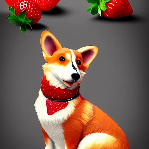 Image similar to corgi with strawberry skin, in strawberry jam : ornate, dynamic, particulate, intricate, elegant, highly detailed, centered, artstation, smooth, sharp focus, octane render