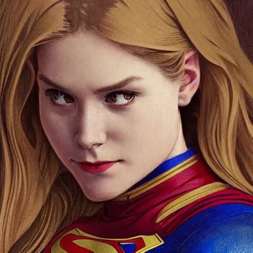 Image similar to Erin Moriarty as SuperGirl, highly detailed, digital painting, artstation, concept art, smooth, sharp focus, illustration, ArtStation, art by artgerm and greg rutkowski and alphonse mucha and J. C. Leyendecker and Edmund Blair Leighton and Katsuhiro Otomo and Geof Darrow and Phil hale and Ashley wood and Ilya repin and Charlie Bowater