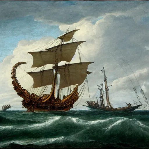 Image similar to a giant octopus with tentacles wrapped around a spanish galleon, by george philip reinagle