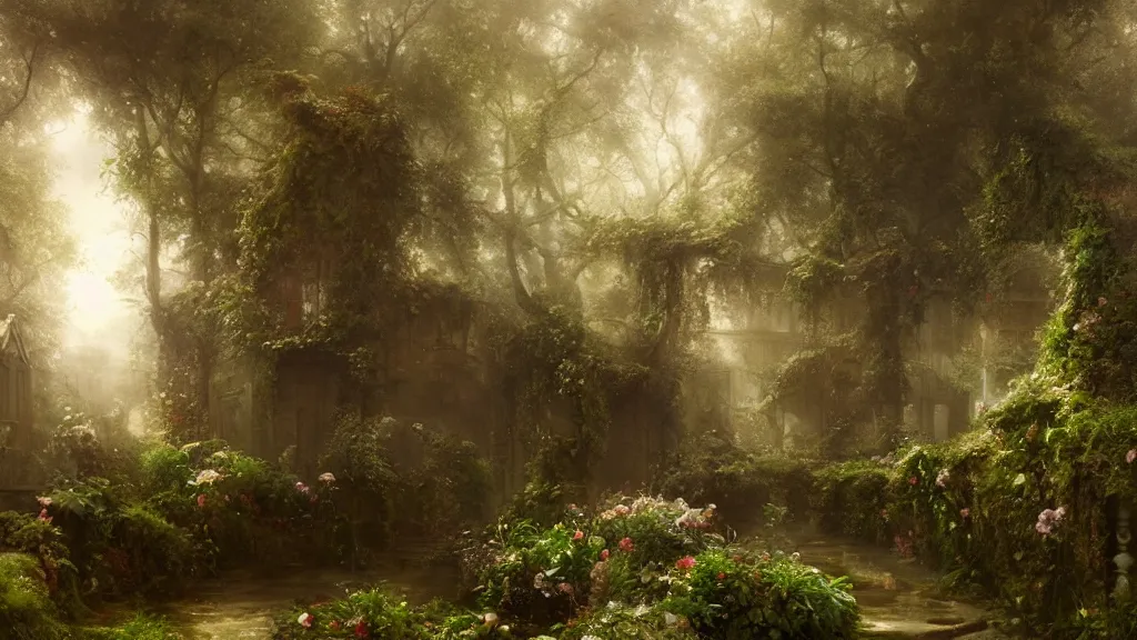 Image similar to the secret garden. the hidden garden. private garden. andreas achenbach, artgerm, mikko lagerstedt, zack snyder, tokujin yoshioka