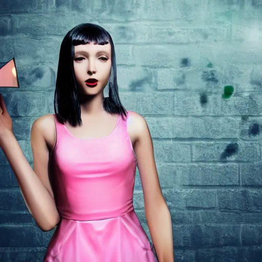 Prompt: blade runner city vicious girl in a short pink dress, 3d realistic photo 8k