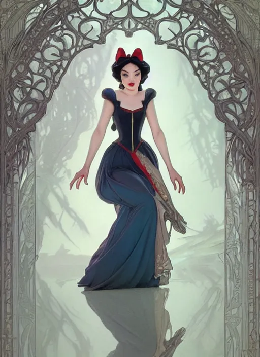 Image similar to portrait of disney snow white in a dress, intricate, elegant, highly detailed, my rendition, digital painting, loose pencil sketch, sketchy, artstation, concept art, smooth, sharp focus, illustration, art by artgerm and greg rutkowski and alphonse mucha and uang guangjian and gil elvgren and sachin teng, symmetry!!