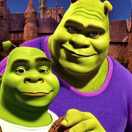 Prompt: shrek with no father figure throwin it back